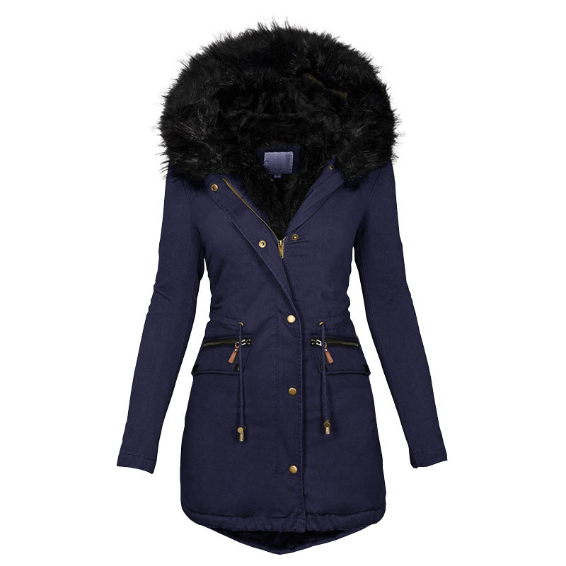 Women's Plush Hooded Parkas Winter Warm Thick Zip-up Jackets Casual Mid-length Solid Buckle Pockets Coat Outerwear Clothing