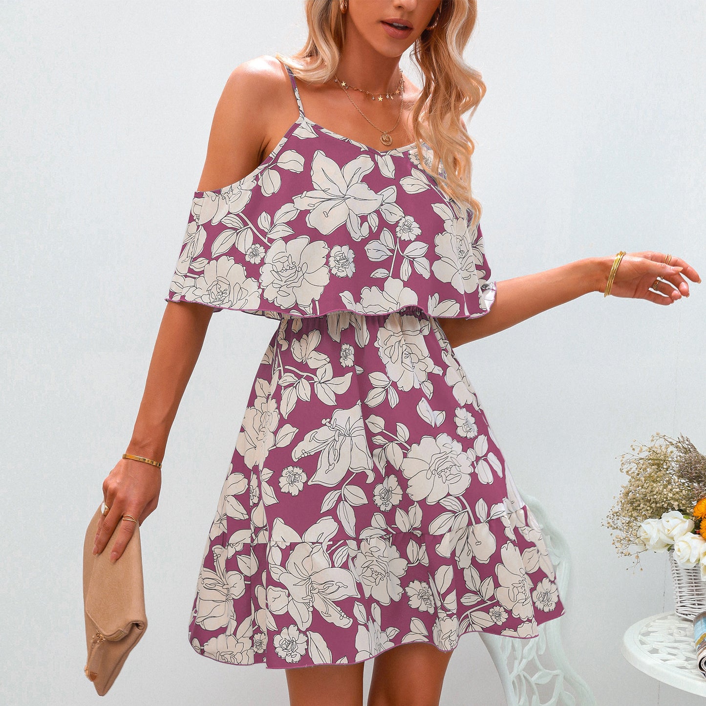 European And American Women's Sling Chiffon Floral Dress Short Skirt