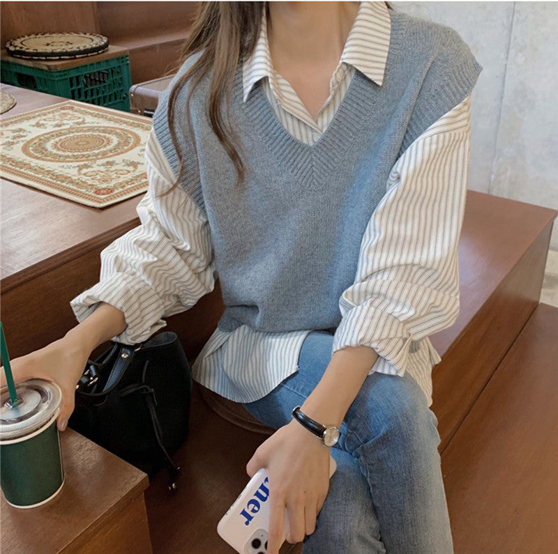 Loose Sweater Vest Shirt Two Piece Set