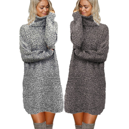 Women High Neck Mid Length Sweater Dress