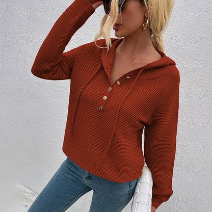 Drawstring Hooded Knitted Sweater Women's Button Chest