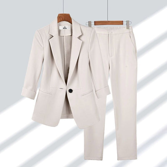 2pcs Casual Blazer Set Solid Color Lapel Single-breasted Jacket And Zipper Straight Pants Women's Office Business Suit