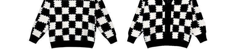 Women's Padded Checkerboard Plaid Sweater Cardigan