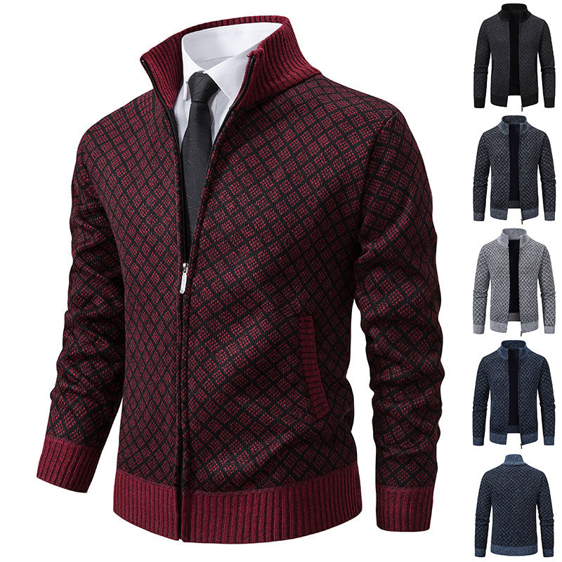 Thickened Plaid Print Jacket Cardigan Fashion Slim Fit Zipper Stand Collar Sweater Winter Men's Casual Long Sleeve Knitted Top Clothing