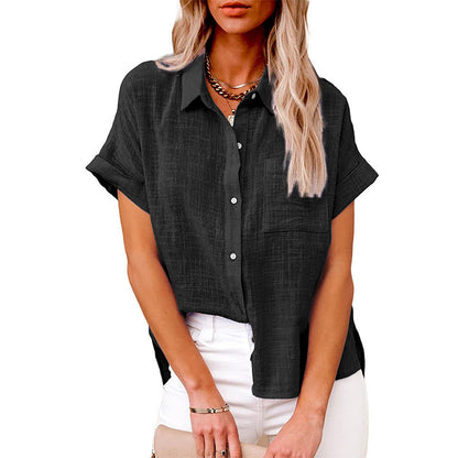 Summer Lapel Short Sleeve Shirt With Pockets Fashion Casual Solid Color Button Tops Women's Clothing