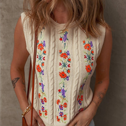 Fashion Floral Embroidered Knitted Vest For Women New Niche Retro Outerwear Sleeveless Top For Women