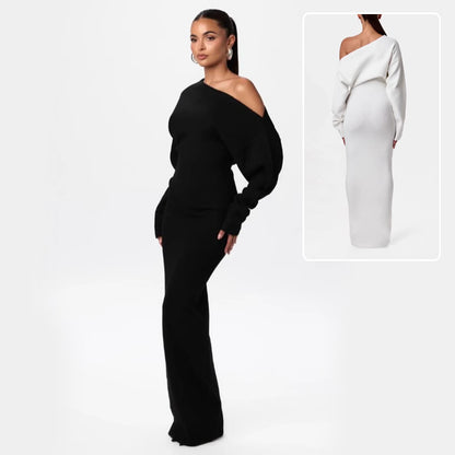 Ins Slim Long Sleeve Knitted Dress Evening Party Sexy Off-shoulder Bodycon Long Dresses