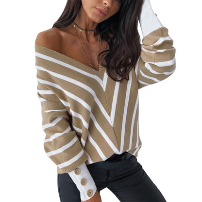 Off-the-shoulder Striped V-neck Sweater