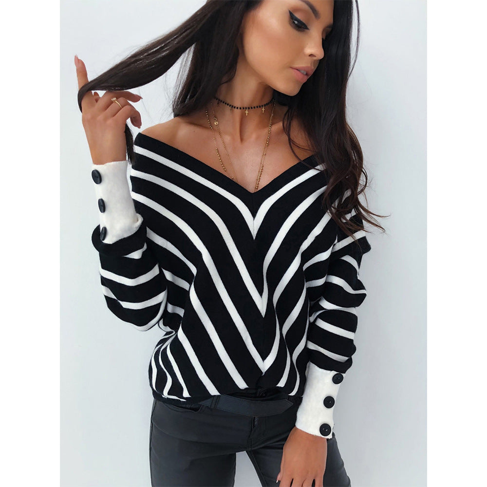 Off-the-shoulder Striped V-neck Sweater