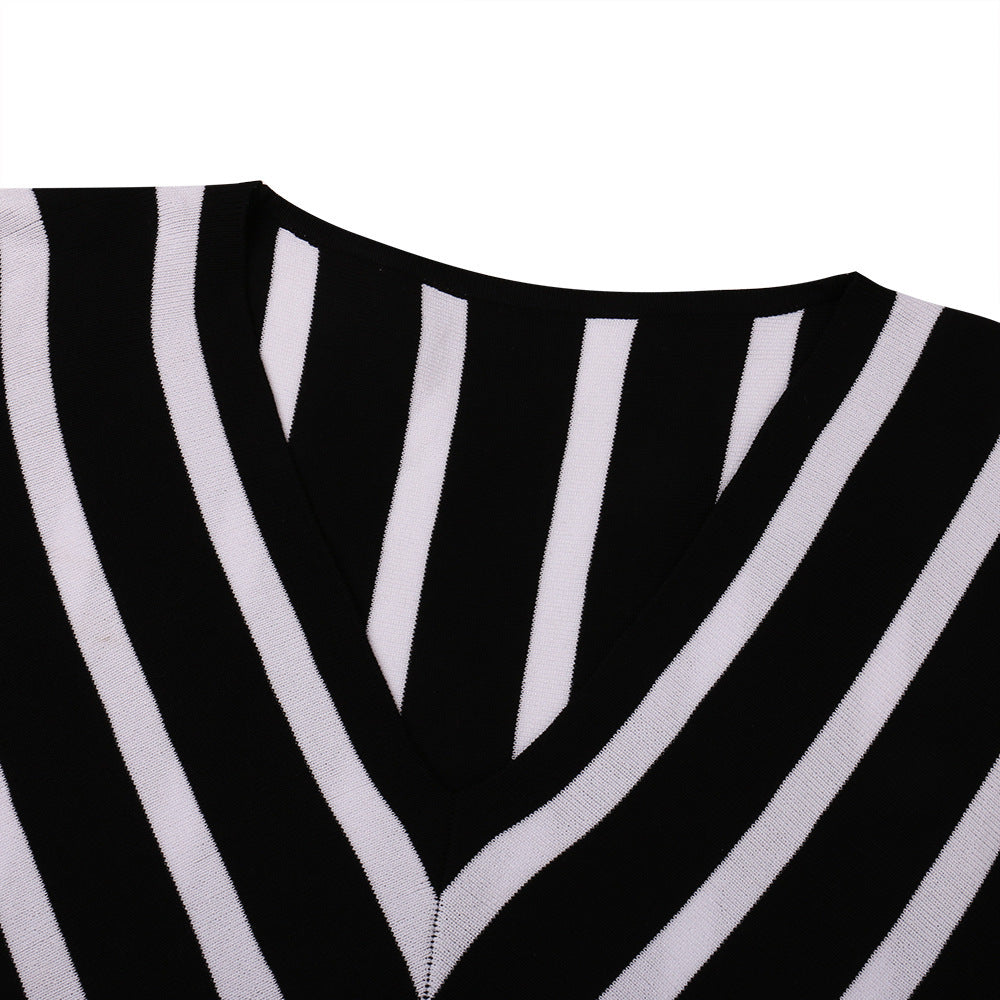 Off-the-shoulder Striped V-neck Sweater