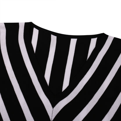 Off-the-shoulder Striped V-neck Sweater