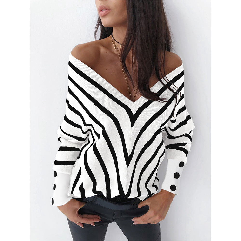 Off-the-shoulder Striped V-neck Sweater