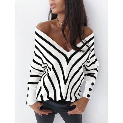 Off-the-shoulder Striped V-neck Sweater