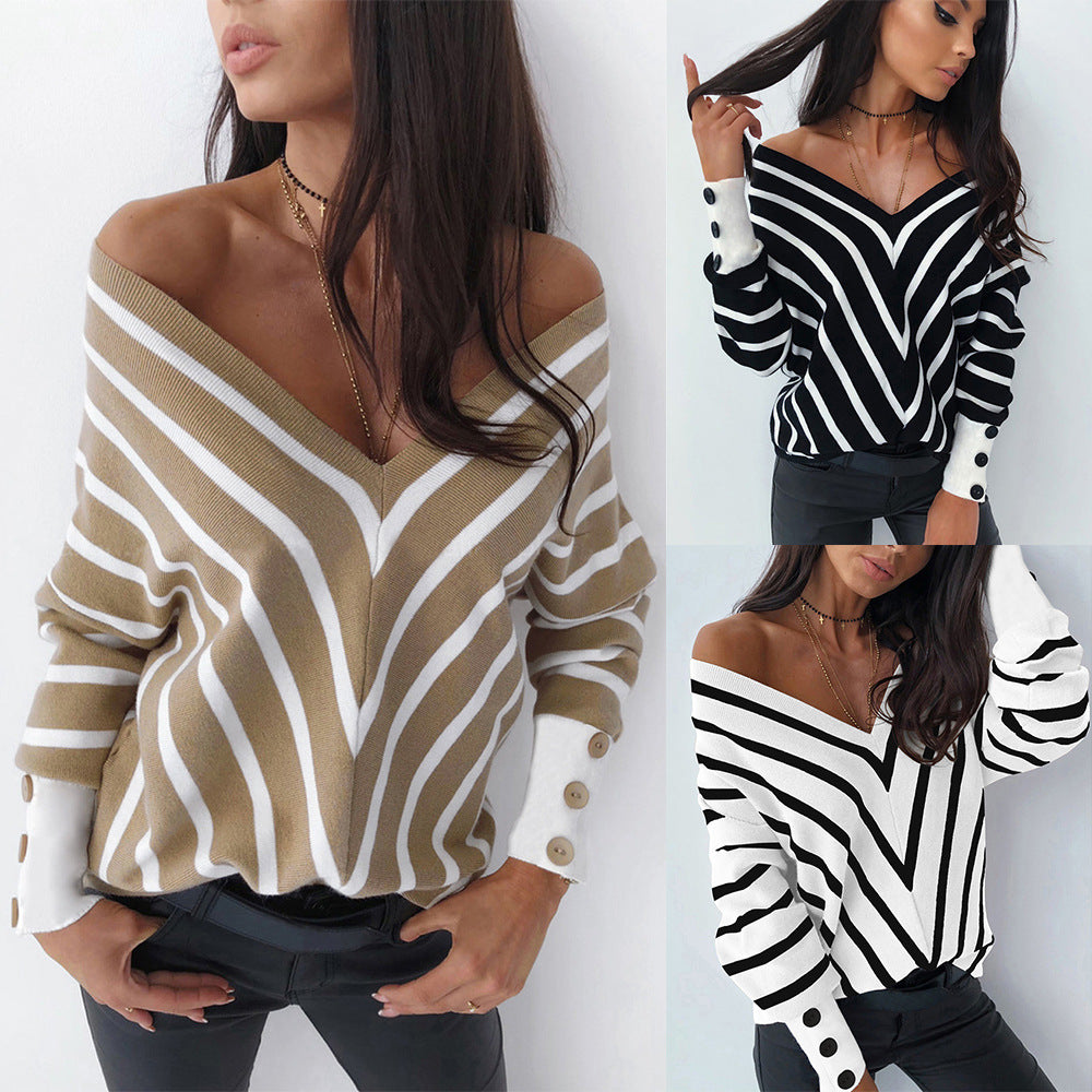 Off-the-shoulder Striped V-neck Sweater