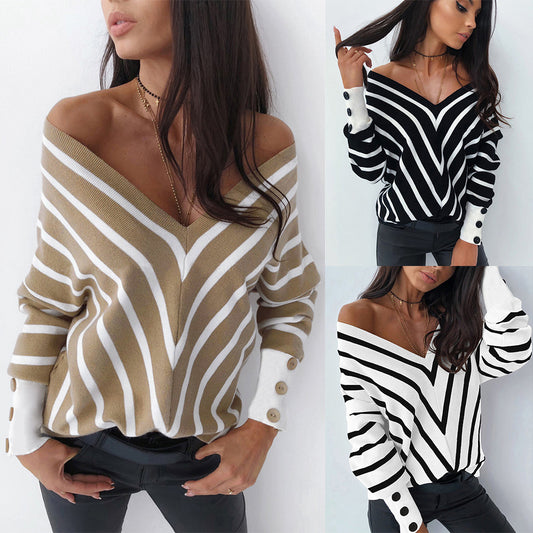 Off-the-shoulder Striped V-neck Sweater