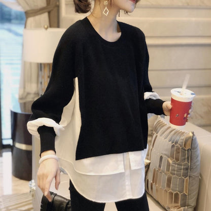Europe Station Autumn And Winter Women Sweater Splicing Shirt Fake Two-piece Set Of Women Foreign Style Knitted Top Fashion Wholesale