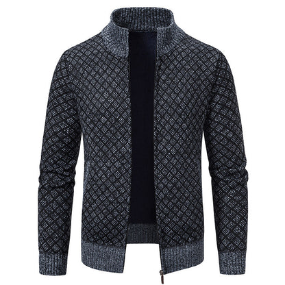 Thickened Plaid Print Jacket Cardigan Fashion Slim Fit Zipper Stand Collar Sweater Winter Men's Casual Long Sleeve Knitted Top Clothing