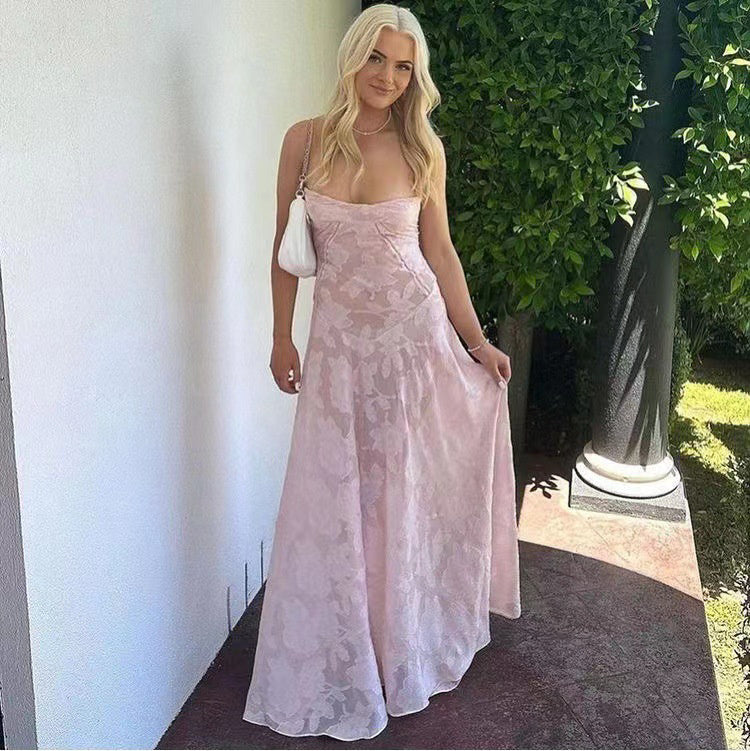 Sexy Flowers Lace Suspender Dress Summer Fashion Slim Back Lace-up Long Dresses Party Evening Club Clothing For Women