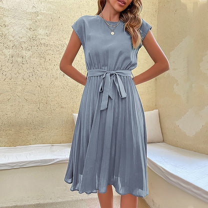 Summer Pleated Short-sleeved Dress INS Fashion Waist-tied Beach Dresse Women's Clothing