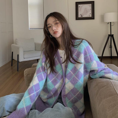 Cardigan Knitted Jacket Women New Style Rhomboid Soft Wax