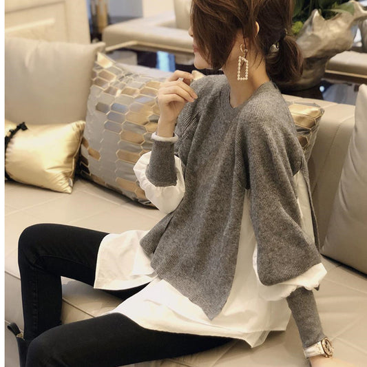Europe Station Autumn And Winter Women Sweater Splicing Shirt Fake Two-piece Set Of Women Foreign Style Knitted Top Fashion Wholesale