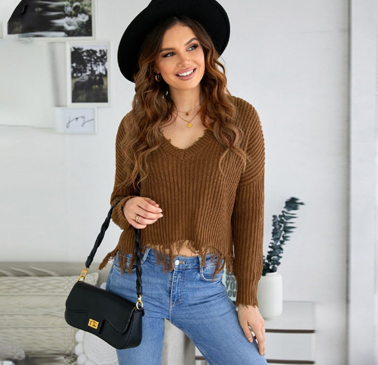 Pure Color Casual Slim V-neck Pullover Sweater