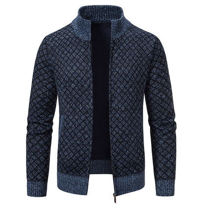 Thickened Plaid Print Jacket Cardigan Fashion Slim Fit Zipper Stand Collar Sweater Winter Men's Casual Long Sleeve Knitted Top Clothing