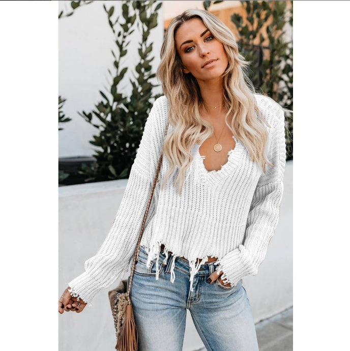 Pure Color Casual Slim V-neck Pullover Sweater