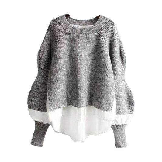 Europe Station Autumn And Winter Women Sweater Splicing Shirt Fake Two-piece Set Of Women Foreign Style Knitted Top Fashion Wholesale