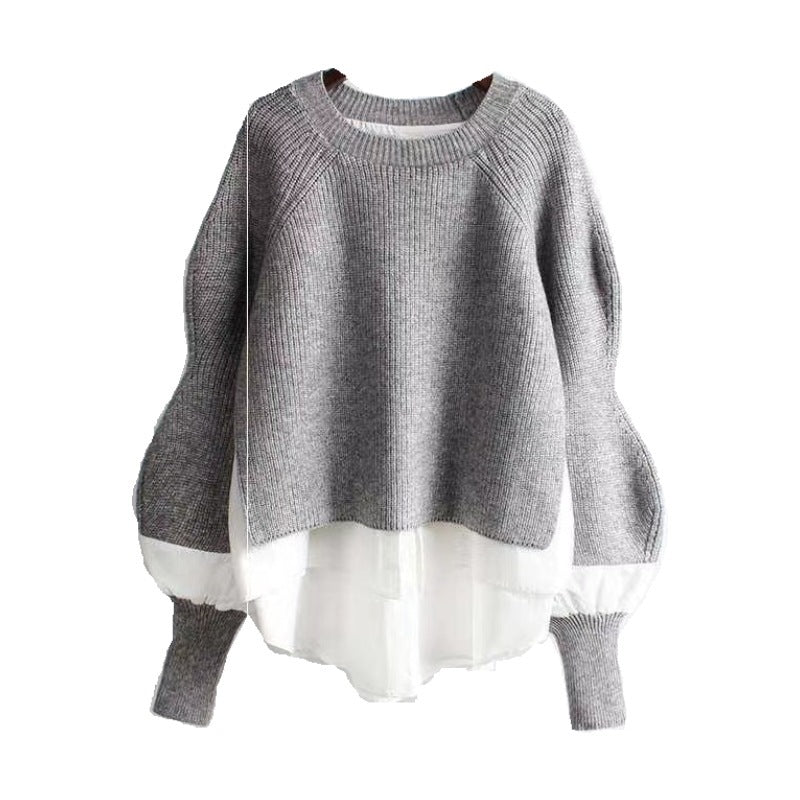 Europe Station Autumn And Winter Women Sweater Splicing Shirt Fake Two-piece Set Of Women Foreign Style Knitted Top Fashion Wholesale