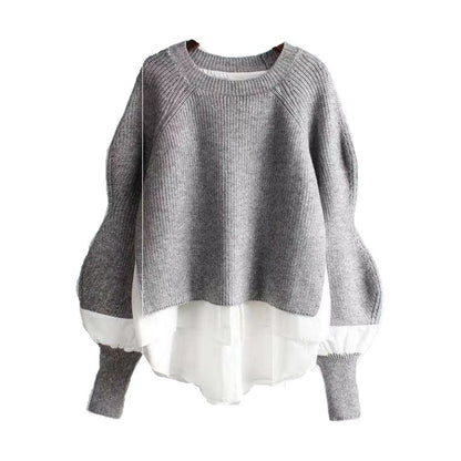 Europe Station Autumn And Winter Women Sweater Splicing Shirt Fake Two-piece Set Of Women Foreign Style Knitted Top Fashion Wholesale
