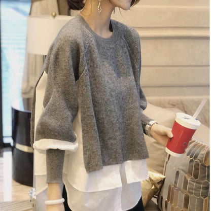Europe Station Autumn And Winter Women Sweater Splicing Shirt Fake Two-piece Set Of Women Foreign Style Knitted Top Fashion Wholesale