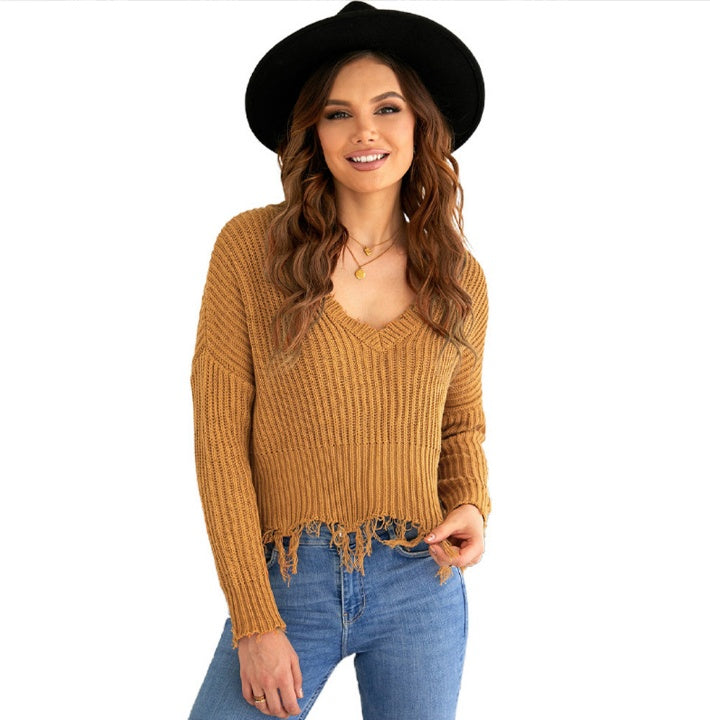 Pure Color Casual Slim V-neck Pullover Sweater