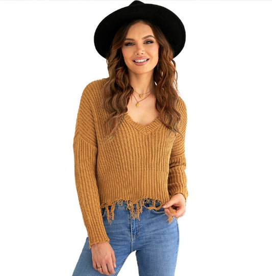 Pure Color Casual Slim V-neck Pullover Sweater