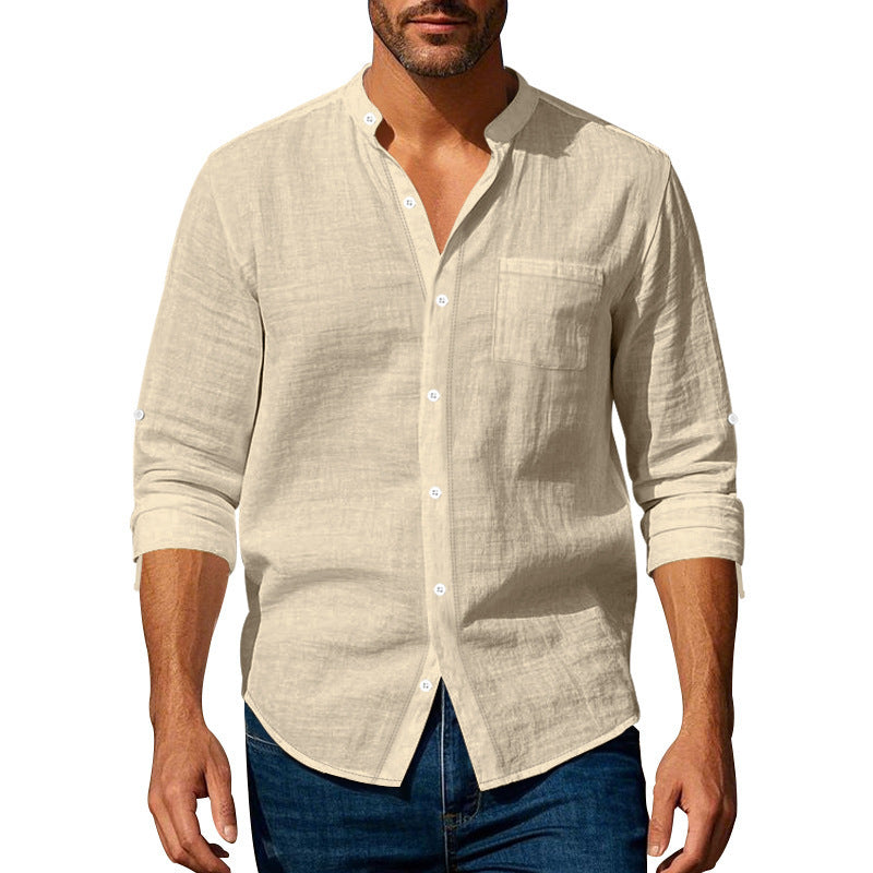 Long Sleeve Stand Collar Shirt With Pockets Casual Men's Clothing