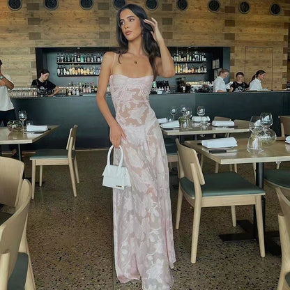 Sexy Flowers Lace Suspender Dress Summer Fashion Slim Back Lace-up Long Dresses Party Evening Club Clothing For Women