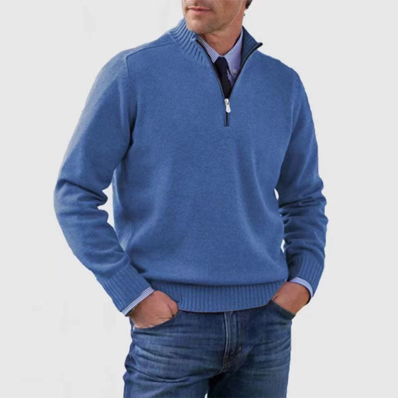 Men's Stand Collar Zipper Sweater Winter Fashion Solid Color Long Sleeve Knitted Top Clothing
