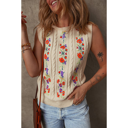 Fashion Floral Embroidered Knitted Vest For Women New Niche Retro Outerwear Sleeveless Top For Women