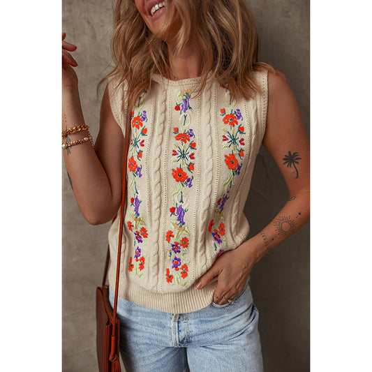 Fashion Floral Embroidered Knitted Vest For Women New Niche Retro Outerwear Sleeveless Top For Women