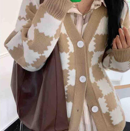 Women's Padded Checkerboard Plaid Sweater Cardigan