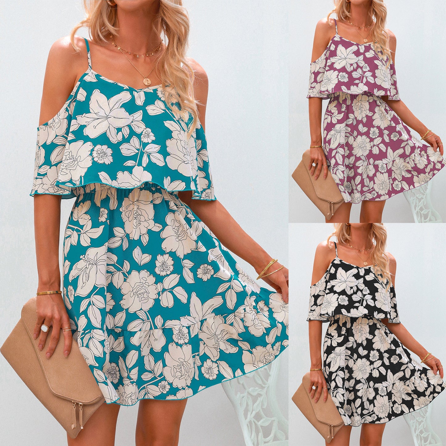 European And American Women's Sling Chiffon Floral Dress Short Skirt