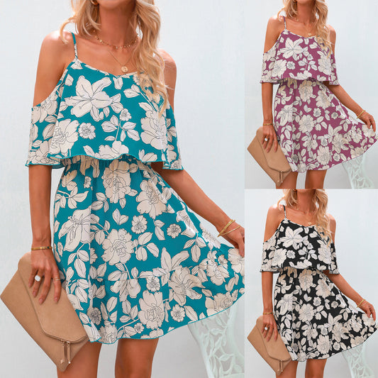 European And American Women's Sling Chiffon Floral Dress Short Skirt