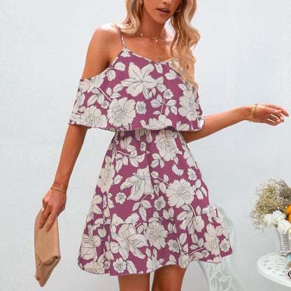 European And American Women's Sling Chiffon Floral Dress Short Skirt