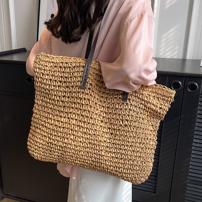 Summer Woven Shoulder Bag Ins Fashion Large Capacity Handbags With Zipper Women's Beach Bags
