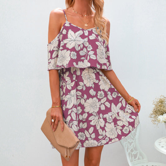 European And American Women's Sling Chiffon Floral Dress Short Skirt