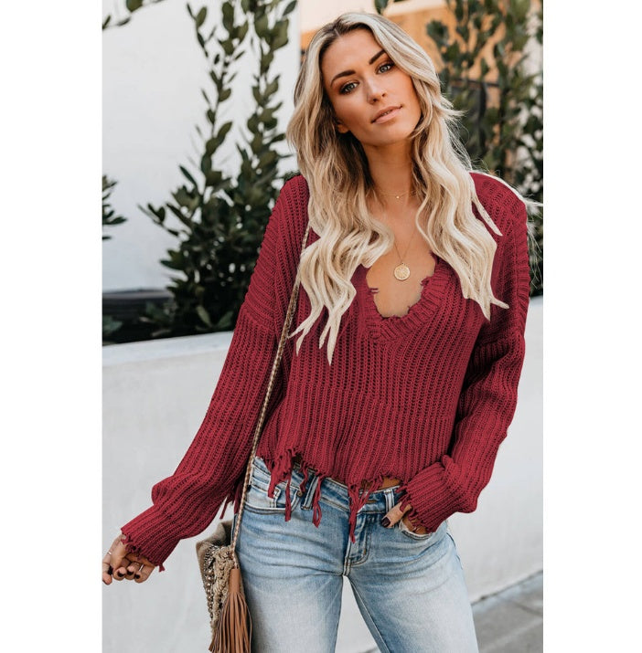 Pure Color Casual Slim V-neck Pullover Sweater