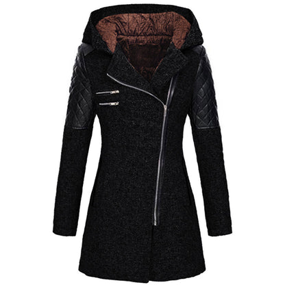 Women Warm Slim Full Zipper Coat Thick Woolen Coat Female Fall Winter Windbreaker Hooded Diagonal Zipper Women's Clothing