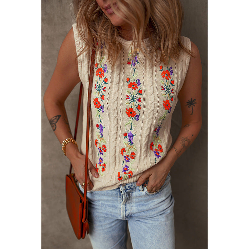 Fashion Floral Embroidered Knitted Vest For Women New Niche Retro Outerwear Sleeveless Top For Women