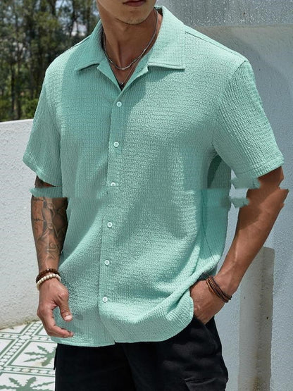 Men's Solid Color Short Sleeve Shirt Fashion Casual Button Lapel Tops Clothing