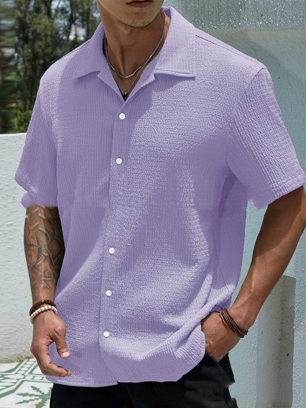 Men's Solid Color Short Sleeve Shirt Fashion Casual Button Lapel Tops Clothing